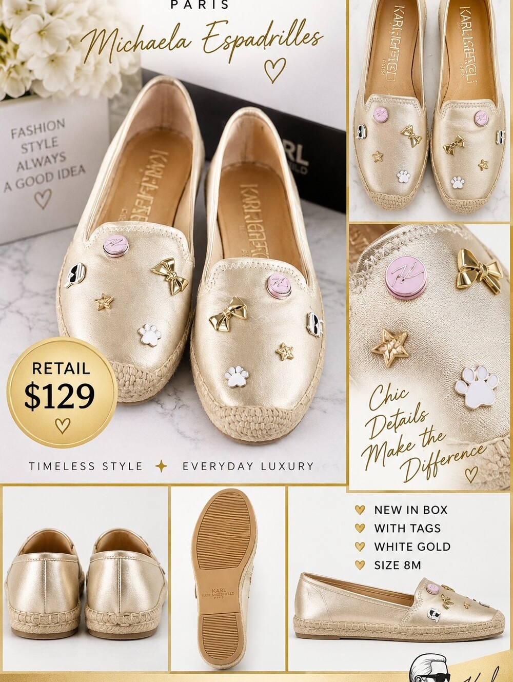 Karl Lagerfeld White Gold Espadrilles with Enamel & Star Charms